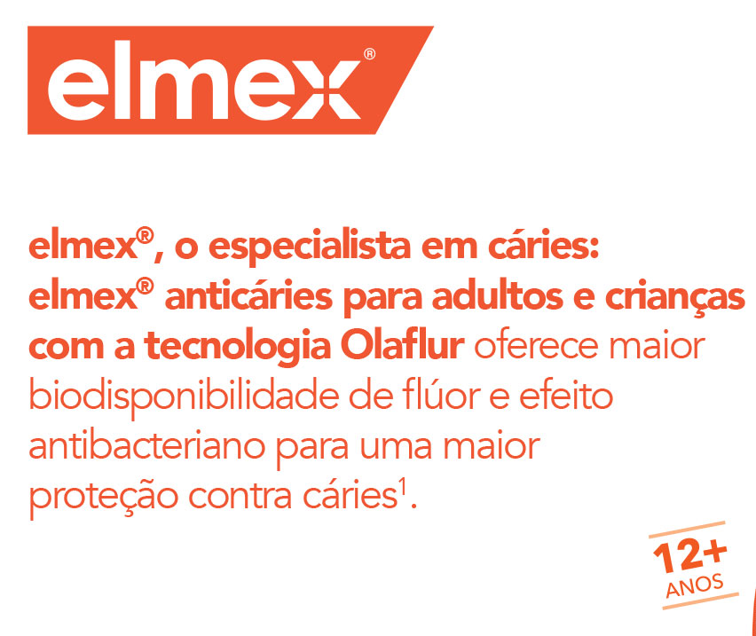 Anúncio elmex: maior biodisponibilidade de flúor e efeito antibacteriano contra cáries (12+ anos).